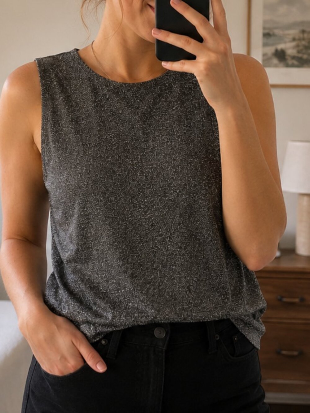 Rebecca Minkoff Black Metallic Shimmer Top L Ruched Sleeveless Party Evening